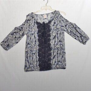 Faded Glory Women's Blouse Lace Detail Blue & White Size Small Cold Shoulder